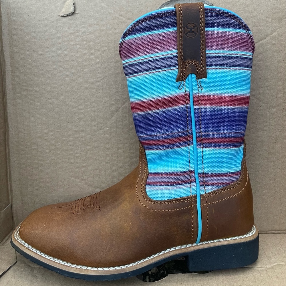 Kids boots , brand new in box. Color is distressed saddle & Blue multi color.